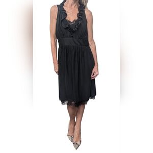 White House Black Market Silk Black Lace Trim Midi Dress 10